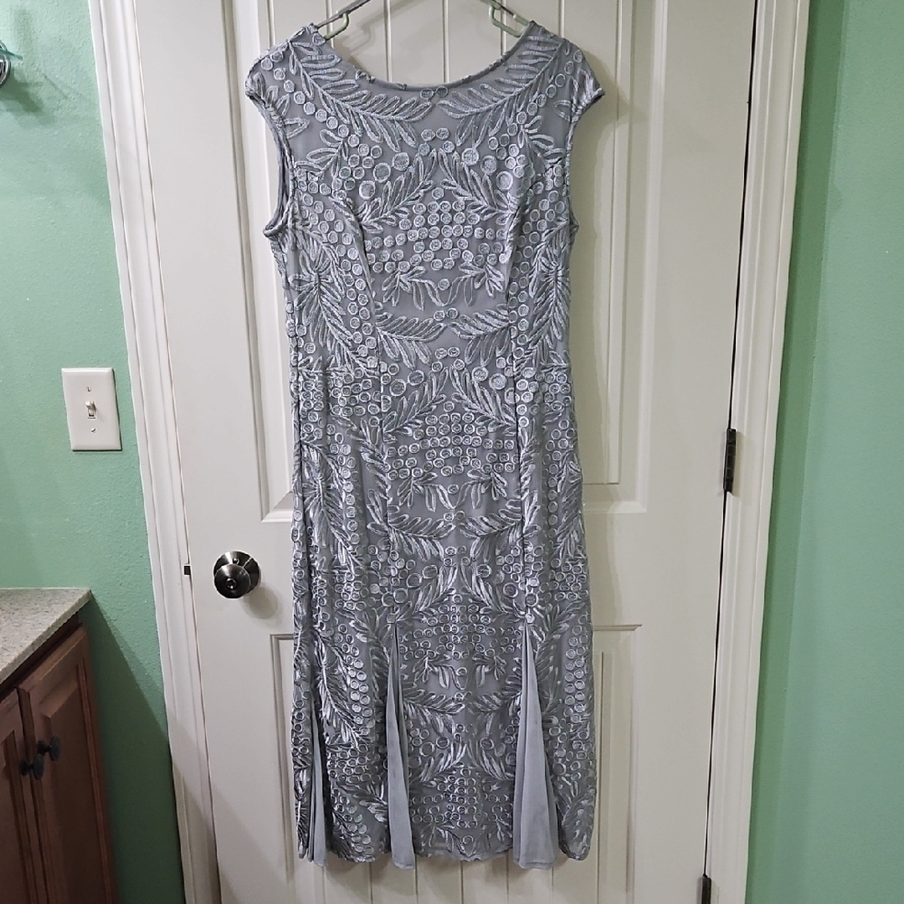Alex Evenings Silver Embroidered Midi Dress For Wedding Or Party